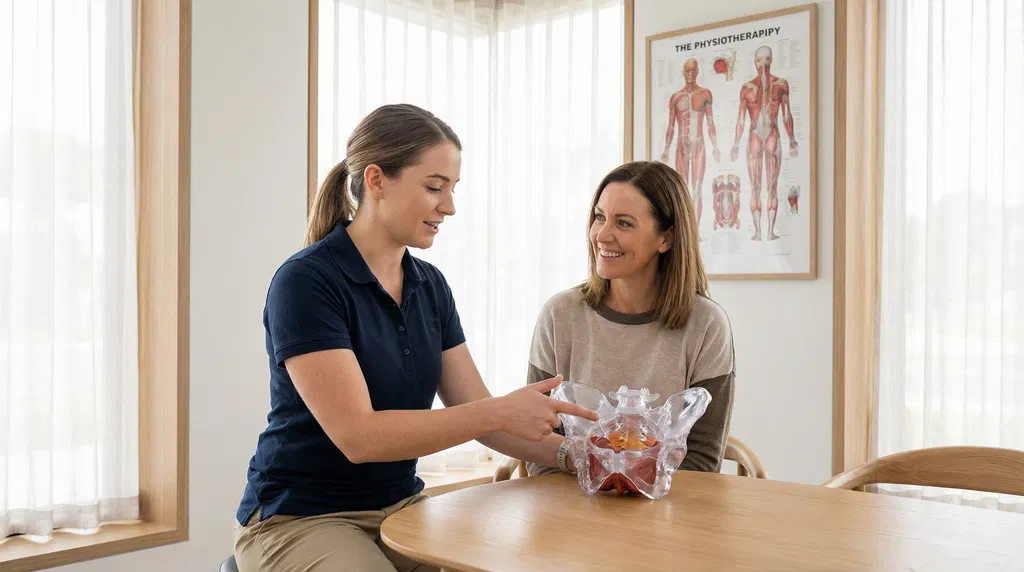 Fisioterapeuta explicando a anatomia pélvica para uma paciente