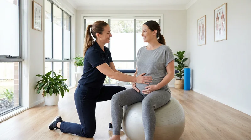 Fisioterapeuta auxiliando gestante em exercício