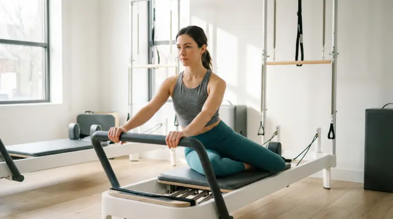 Mulher praticando Pilates em reformer