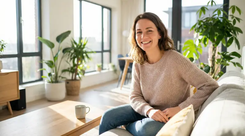 Mulher sorrindo e se sentindo bem no pós-parto